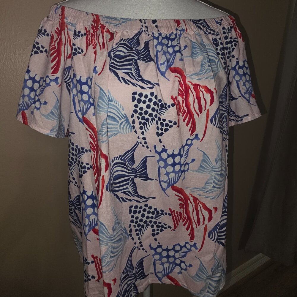 LOFT Red White & Blue Fish Print Off-The-Shoulder Blouse | Size L